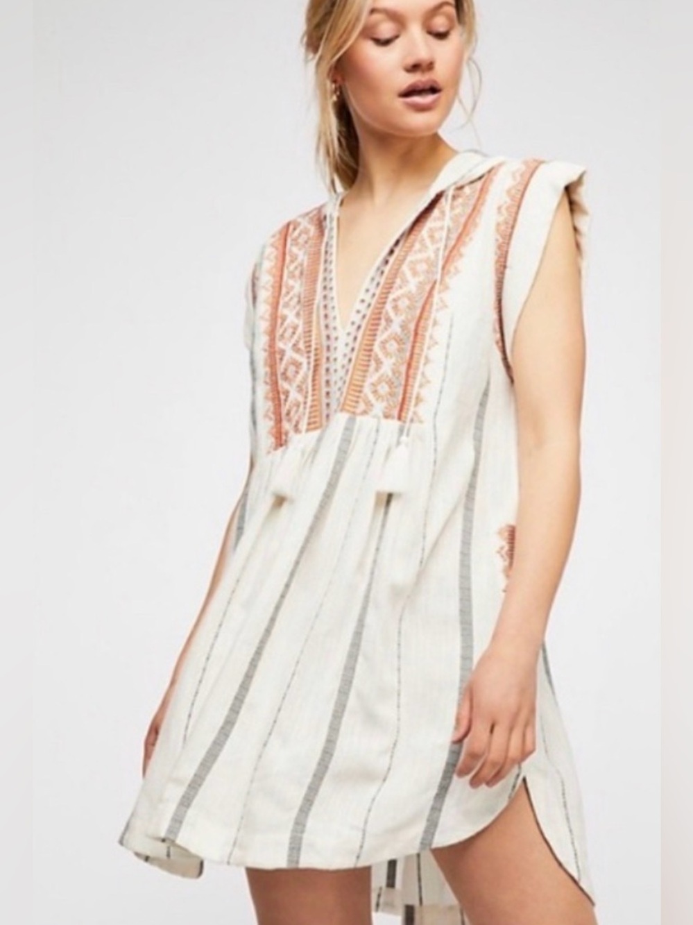 Free People Drift Away Embroidered Tunic Boho Hooded Swim Cover-Up Dress M